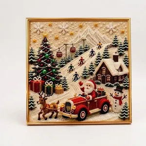 Kit arte murale natalizia con perle, Babbo Natale e renne in una scena di neve bordata