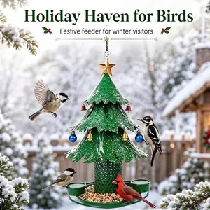 Christmas Tree Bird Feeder Metal Outdoor Hanging Seed Feeder Festive Garden Decor for Backyard Birds With Star Bell Decorations