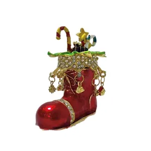 Rote Emaille-Weihnachtsstiefel-Schmuckschatulle mit Strasssteinen und festlichem Dekor
