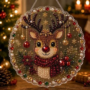 Macro close-up detail of 5D diamond painting hanging ornament with festive reindeer design