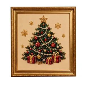 Elegant DIY 3D Christmas tree pearl diamond painting kit with golden frame wall art