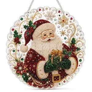 Intricate detail of 5D diamond painting hanging ornament with Santa Claus motif