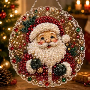 Close-up of 5D diamond painting Santa Claus hanging ornament with pearls and crystals.