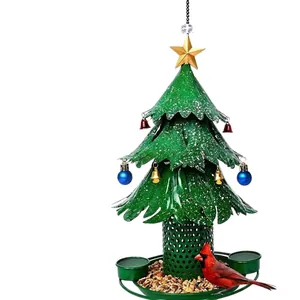 Decorative outdoor metal Christmas tree bird feeder with a cardinal for garden decor