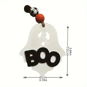 Detail of Halloween wooden ghost decoration with beads and BOO text showing dimensions