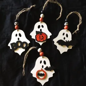Set of four cute wooden Halloween ghost ornaments with pumpkin and bat details