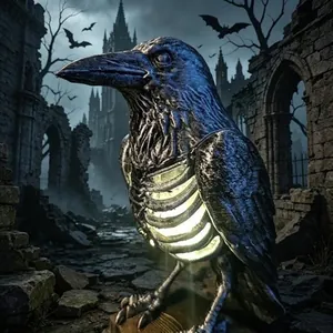 Mystical gothic raven skeleton lamp with glowing ribcage for Halloween tabletop decoration