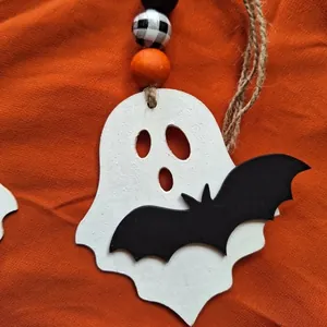 Handcrafted wooden Halloween ghost and bat hanging ornament for festive tray decor
