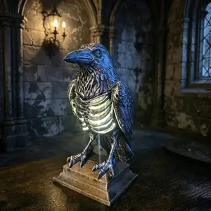 Spooky raven skeleton lamp with glowing interior for Halloween gothic resin table decor