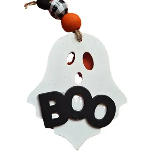 Cute Halloween wooden ghost tiered tray decor featuring BOO sign and colorful wood beads