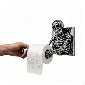 Silver skeleton toilet paper holder for Halloween bathroom wall decor