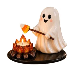 Handgefertigter Halloween-Geist Lagerfeuer Teelichthalter aus Keramik für Heimdeko