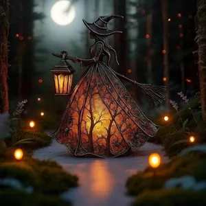 Close-up of a decorative Halloween witch lamp glowing in a magical dark forest setting