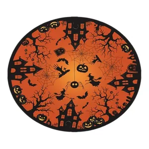 Vibrante Halloween runde Tischdecke mit Motiven von Geisterhäusern Kürbissen und Fledermäusen