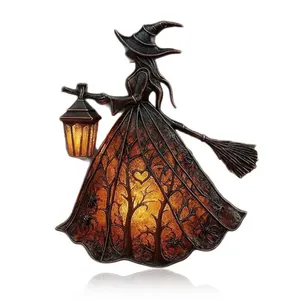 Decorative Halloween witch lamp figurine with glowing lantern and forest dress