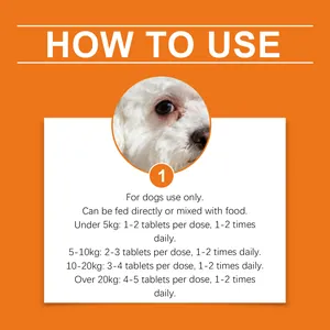 Usage and dosage instructions for dog tear stain cleaning tablets for all sizes.