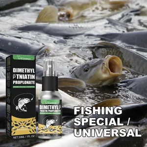 Gros plan du spray attractant de pêche Yegbong 30ml avec emballage et décor de poissons
