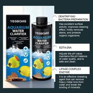 Infographic showing YEGBONG aquarium water clarifier bottle and its chemical features.
