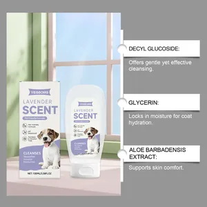 Vista detallada del champú de lavanda para mascotas con ingredientes y beneficios