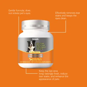 Detail view of Kriath dog tear stain care supplement tablets for pet eye cleaning.