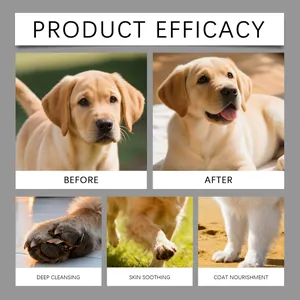 Comparativa de eficacia que muestra limpieza profunda y nutrición del pelo para perros