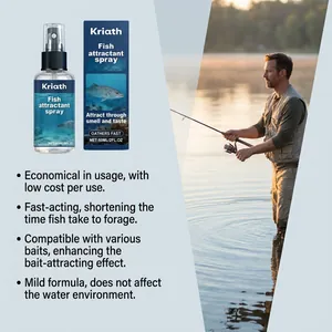 Detailansicht des Kriath 60ml Fischlocksprays mit Vorteilen und Angelszene am See.