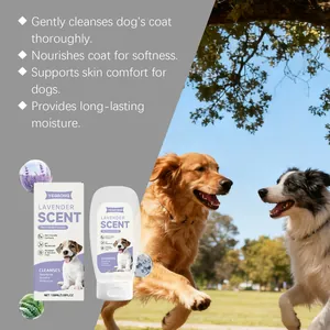 Vista de detalle del champú para perros YEGBONG 4 en 1 con aroma a lavanda y beneficios