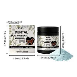 Detailed product dimensions of Kriath dog dental probiotic powder jar and packaging box