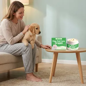 EelJoy pet paw pad care cream on wooden side table in cozy living room with puppy