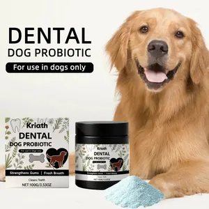 Close-up of Kriath dental dog probiotic powder and packaging for pet oral care