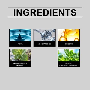 Detail of dog dental spray ingredients: mint extracts, glycerin and aqua for fresh breath.