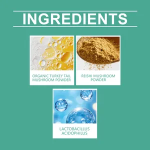 Detailed ingredients view showing organic turkey tail, reishi mushroom and probiotics
