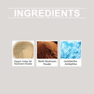 Ingredient list for dog dental powder featuring Turkey Tail and Reishi mushrooms