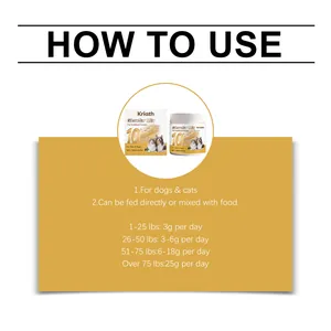 Dosage guide for Kriath pet nutritional powder showing daily feeding amounts per weight.