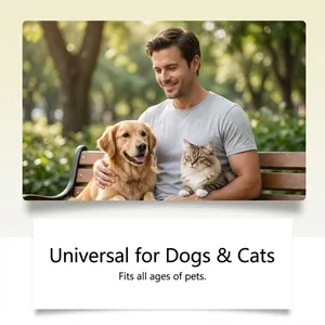 Happy man with a dog and a cat on a bench representing universal pet care products.