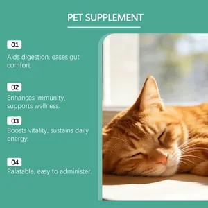 Detailed benefits of pet health supplement featuring a peaceful sleeping ginger cat