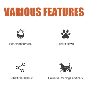 Infographic of pet paw balm features including dry crack repair and deep nourishment.