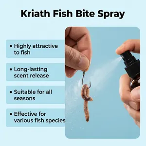 Nahaufnahme von Fischköderspray auf einem Regenwurm mit aufgelisteten Produktvorteilen.
