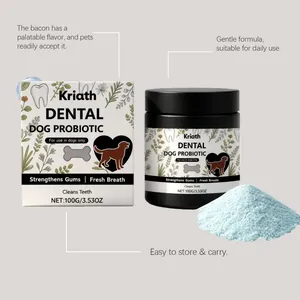 Detail of Kriath dog dental probiotic powder and packaging for fresh breath and gum health.