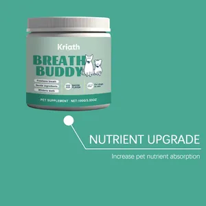 Detail showing Kriath pet dental cleaning powder for dogs and cats with nutrient upgrade