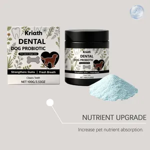 Kriath dog dental probiotic powder detail showing the fine blue powder texture