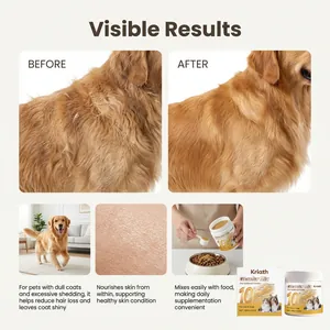 Kriath pet nutritional powder showing visible fur improvement results before and after
