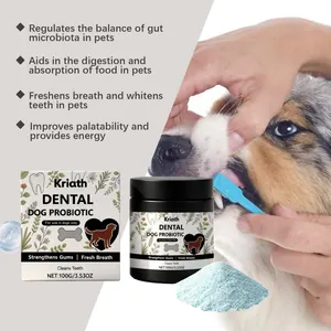 Detailed view of Kriath dog dental probiotic powder showing application on pet teeth