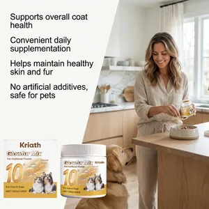 Woman pouring Kriath pet nutritional powder for a dog in a bright kitchen scene
