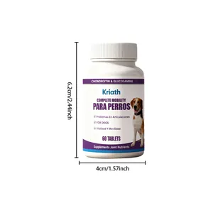 Close-up detail of Kriath dog joint care tablets bottle showing product dimensions