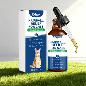 Kriath hairball relief liquid for cats in 60ml bottle with dropper on sunlit green grass