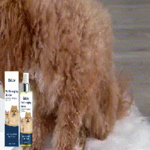 Detalle del spray de peluquería Eeljoy y su caja junto a un perro con pelaje esponjoso