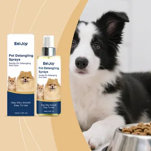 Spray desenredante para mascotas EelJoy 100ml frasco y caja con perro en el fondo.