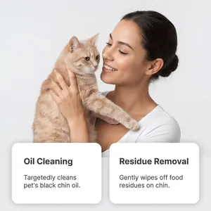 Woman holding cat with text explaining oil cleaning and residue removal benefits