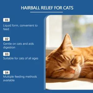Infographic of liquid cat hairball relief benefits with a peaceful sleeping ginger cat